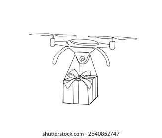 Drone delivering giftbox package  outline drawing illustration. one continuous line drawing of drone shipment.