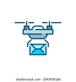 Drone übergibt einen Brief. Unbemannte automatische Luftfahrzeuge, die für die Beförderung von Waren eingesetzt werden. Farbsymbol für Pixel, perfekt bearbeitbare Schlaganfälle