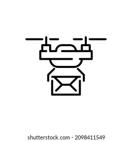 Drone delivering a letter. Unmanned automatic aircraft used for transporting goods. Pixel perfect, editable stroke icon