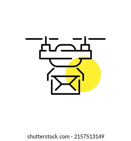 Drone delivering mail. Unmanned automatic aircraft used for transporting goods. Pixel perfect line art icon