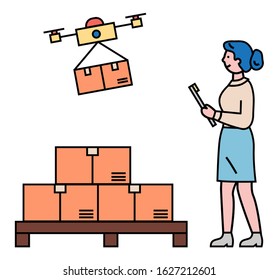 Drone delivering orders, isolated innovative technology in warehouse controlled by manager. Transporting parcels and carton boxes for clients and shoppers. Line art characters, vector in flat