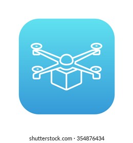 Drone delivering a package line icon for web, mobile and infographics. Vector white icon on the blue gradient square with rounded corners isolated on white background.