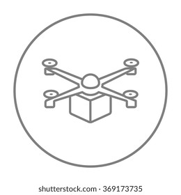 Drone delivering package line icon.