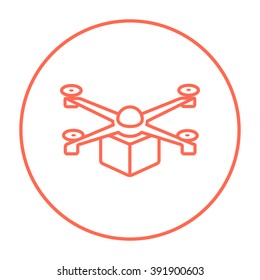Drone delivering package line icon.