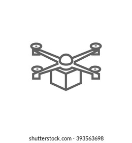 Drone delivering package line icon.