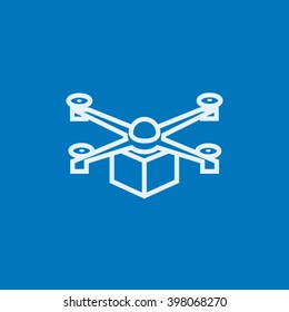 Drone delivering package line icon.