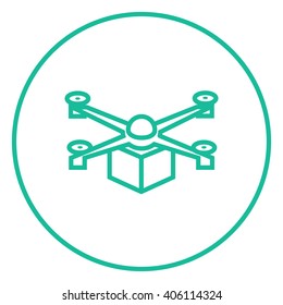 Drone delivering package line icon.