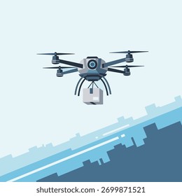 Drone delivering a package over a cityscape. The drone is gray and the package is white.