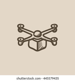 Drohne, die ein Paket mit Vektorgrafik liefert Symbol einzeln auf dem Hintergrund. Handgezeichnetes Drone-Liefersymbol Drohne liefert Paket-Skizze für Infografik, Website oder App.
