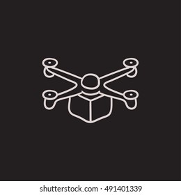 Drone delivering package vector sketch icon isolated on background. Hand drawn Drone delivering package icon. Drone delivering package sketch icon for infographic, website or app.
