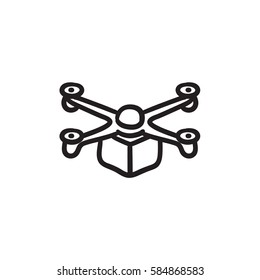 Drone delivering package vector sketch icon isolated on background. Hand drawn Drone delivering package icon. Drone delivering package sketch icon for infographic, website or app.