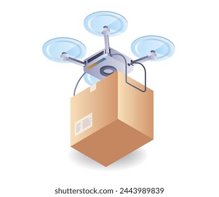 Drone entregando paquetes, ilustración 3d isométrica plana