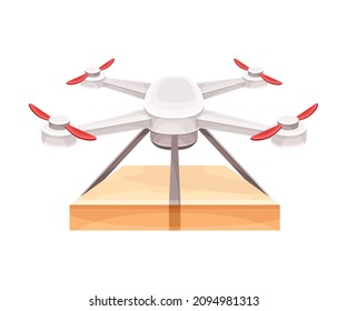 Drone entregando una caja de paquetes al cliente. Ilustración moderna del vector del servicio de aire de entrega rápida