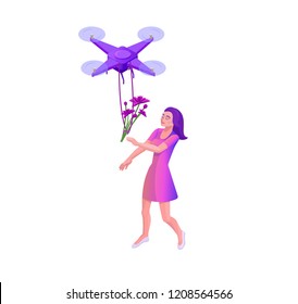 Drone delivering parcel to hipster girl, landing page template with quadcopter, concept of delivery, autonomous photo and video innovation technolodgy, 3d isometric flat vector illustration