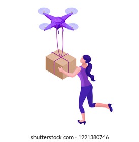 Drone delivering parcel to hipster girl, landing page template with quadcopter, concept of delivery, autonomous photo and video innovation technolodgy, 3d isometric flat vector illustration