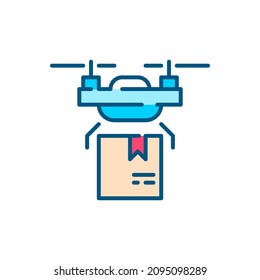 Drone delivering a parcel. Unmanned automatic aircraft used for transporting goods. Pixel perfect, editable stroke colorful icon