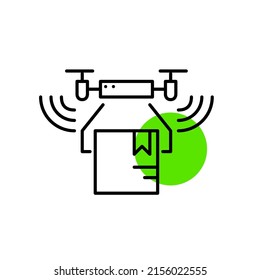 Drone delivering a parcel. Unmanned automatic aircraft used for transporting goods in a smart city. Pixel perfect, editable stroke icon