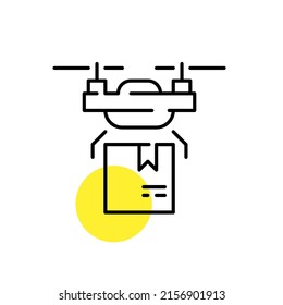 Drone delivering a parcel. Unmanned automatic aircraft used for transporting goods. Pixel perfect line art icon