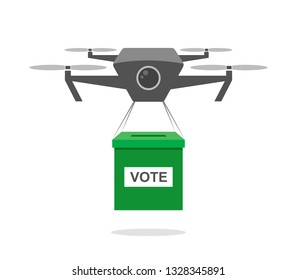 Drone delivering vote box. Robot carrying carton box, airmail elections concept. Professional drone device, aircraft. Flat design