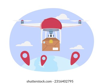 Drone delivers at air concept. Logistics and transportation. Online shopping and commerce. Modern technologies and innovations. Home delivery without courier. Cartoon flat vector illustration