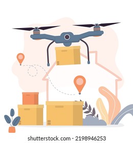 El dron entrega cajas de bienes. Nueva tecnología moderna de entrega rápida. Comercio electrónico, transferencia de compras sin contacto. Servicio de entrega, envío, carga. Helicóptero vuela con paquete. ilustración vectorial