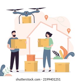 Drone delivers boxes of goods. New modern fast delivery technology. E-commerce, contactless transfer of purchases. Delivery service, shipment, cargo. Clients holds parcels. Flat vector illustration