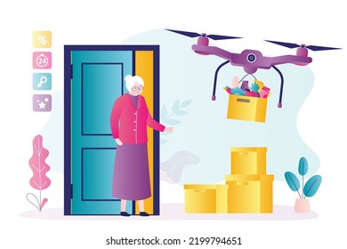 Drone delivers boxes of goods. New modern fast delivery technology. E-commerce, contactless transfer of purchases. Delivery service, shipment, cargo. Grandmother receives parcels. vector illustration