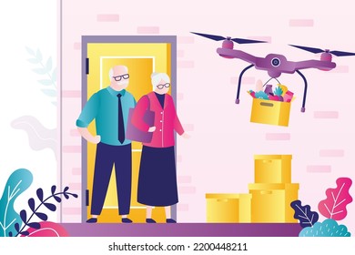 Drone Delivers Boxes Of Goods. New Fast Delivery Technology. E-commerce, Contactless Transfer Of Purchases For Seniors. Delivery Service, Shipment. Grandparents Receives Groceries At Home. Flat Vector