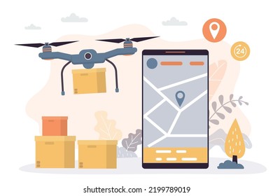 El dron entrega cajas de bienes. Seguimiento de paquetes, navegación por drones en la pantalla del smartphone. Nueva tecnología moderna de entrega rápida. Comercio electrónico. Servicio de entrega, envío, carga. Ilustración vectorial plana