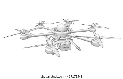 Drone delivers the goods. Volumetric vector illustration.