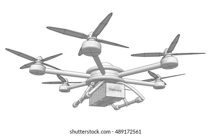 Drone delivers the goods. Volumetric vector illustration.