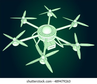 Drone delivers the goods. Volumetric vector illustration.