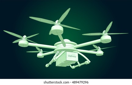 Drone delivers the goods. Volumetric vector illustration.