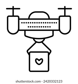 Drone delivers a package, black line vector icon