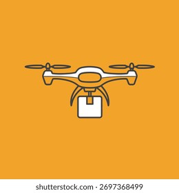 Um drone entrega um pacote. O drone é branco e o fundo é laranja.