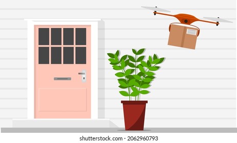 Drone Delivers Parcel to the Door Flat Vector