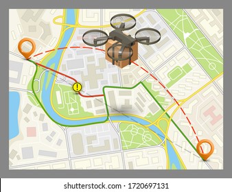Drone delivery above the flat city map concept banner. Quadcopter flying over a map and carrying a package to customer. Vector 3d isometric icon