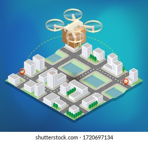 Drohnenlieferung über dem flachen Stadtkonzept Vektorgrafik. Quadcopter fliegt über eine Stadt und transportiert ein Paket zum Kunden. Isomometrisches Vektor 3d-Symbol