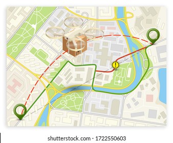 Drone delivery above the flat city map concept banner. Quadcopter flying over a map and carrying a package to customer. Vector 3d isometric icon