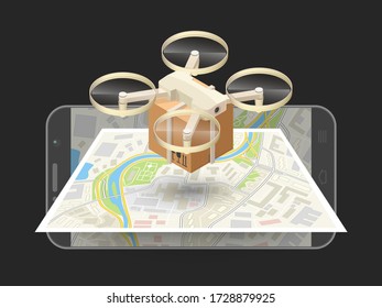 Entrega de drones por encima del mapa plano de la ciudad con concepto de teléfono. Quadcopter sobrevolando un pueblo y un smartphone cargando un paquete al cliente. Icono isométrico del vector 3d