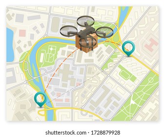 Drone delivery above the flat city map concept banner. Quadcopter flying over a map and carrying a package to customer. Vector 3d isometric icon