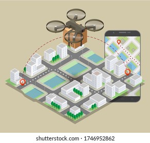 Drone delivery above the flat city with phone concept vector illustration. Quadcopter flying over a town and smartphone carrying a package to customer. Vector 3d isometric icon