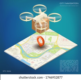 Drone delivery above the flat map concept vector illustration. Quadcopter flying over a map and carrying a package to customer. Vector 3d isometric icon