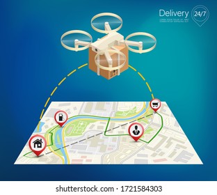 Drone delivery above the flat square map concept vector illustration. Quadcopter flying over a map and carrying a package to customer. Vector 3d isometric icon