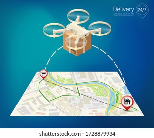Drone delivery above the flat square map concept vector illustration. Quadcopter flying over a map and carrying a package to customer. Vector 3d isometric icon