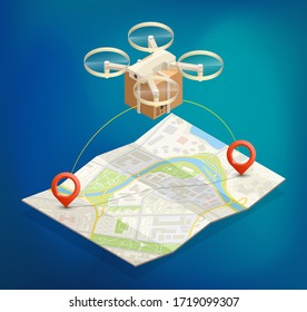 Drone delivery above the map concept vector illustration. Quadcopter flying over a map and carrying a package to customer. Vector 3d isometric icon
