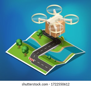 Drone delivery above the map concept vector illustration. Quadcopter flying over a map and carrying a package to customer. Vector 3d isometric icon