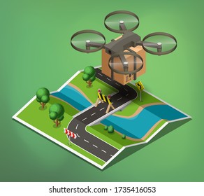 Drone delivery above the map concept vector illustration. Quadcopter flying over a map and carrying a package to customer. Vector 3d isometric icon