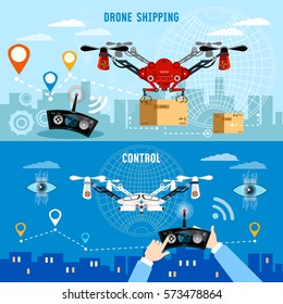 Drone delivery banner, modern drone and remote control for the quadrocopter,  carrying cardboard box. Drone for delivery modern technologies 
