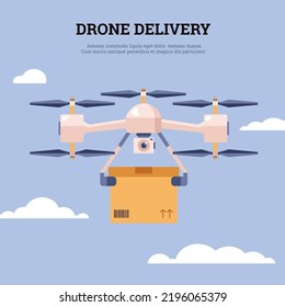 Drone delivery banner or poster template with wireless helicopter carrying a parcel, flat vector illustration. Drone helicopter or quadcopter technology for goods delivery.